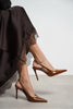 LADONIA Tan Patent Buckle Detail Open Back Women’s Heels