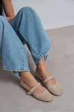BERLIN Beige Suede Genuine Leather Buckle Strap Women’s Ballerina Flats