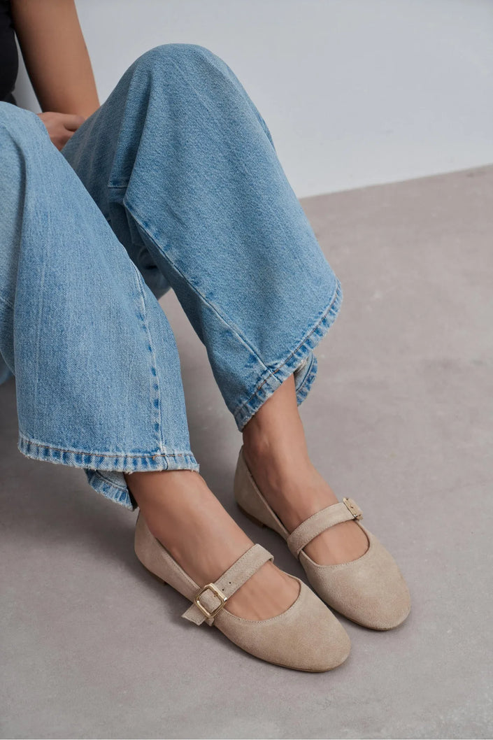 BERLIN Beige Suede Genuine Leather Buckle Strap Women’s Ballerina Flats