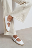 Cutis White Genuine Leather Espadrille Ballet Flats with Rope Sole Detail