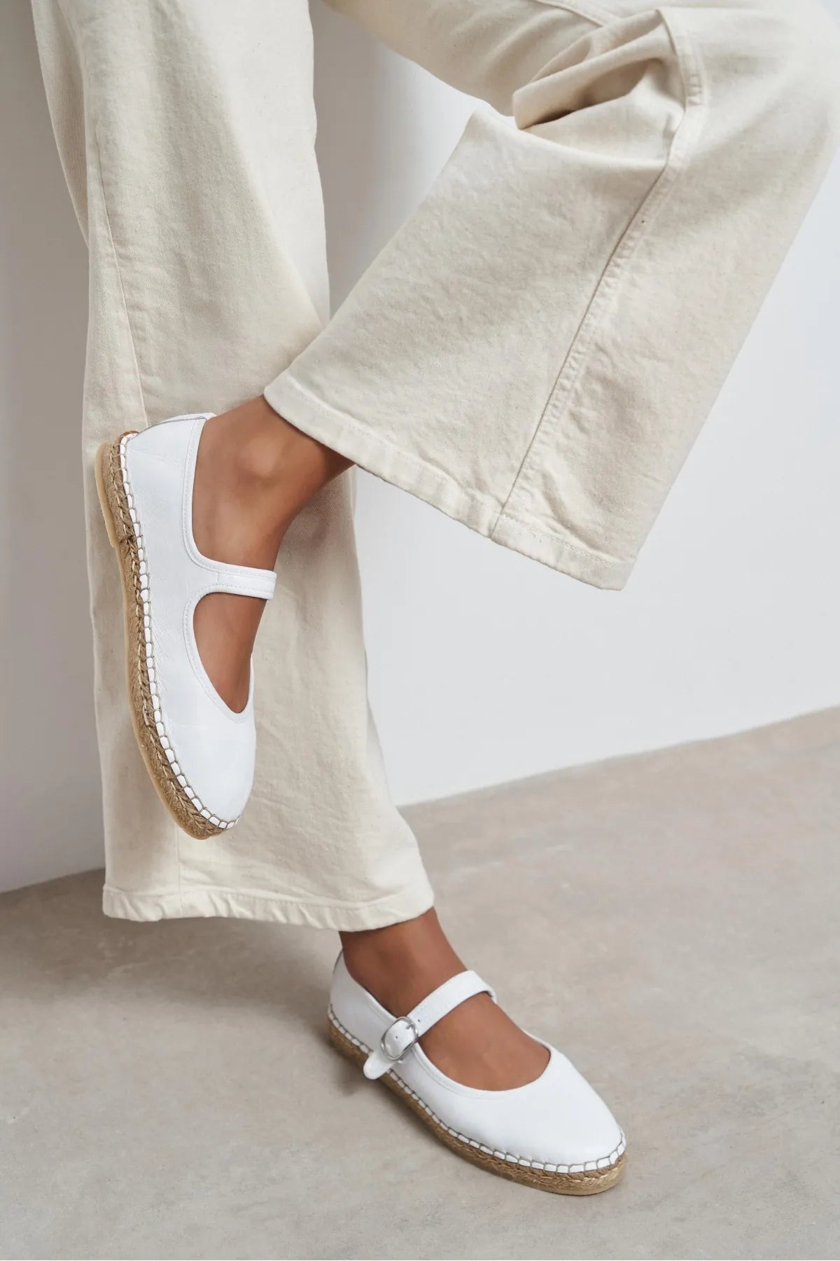 Cutis White Genuine Leather Espadrille Ballet Flats with Rope Sole Detail