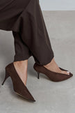 PO Coffee Suede Transparent Detail Pointed Toe Women’s Heels