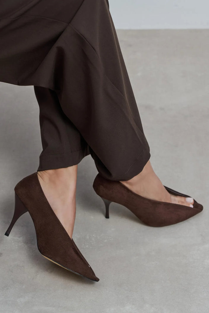 PO Coffee Suede Transparent Detail Pointed Toe Women’s Heels
