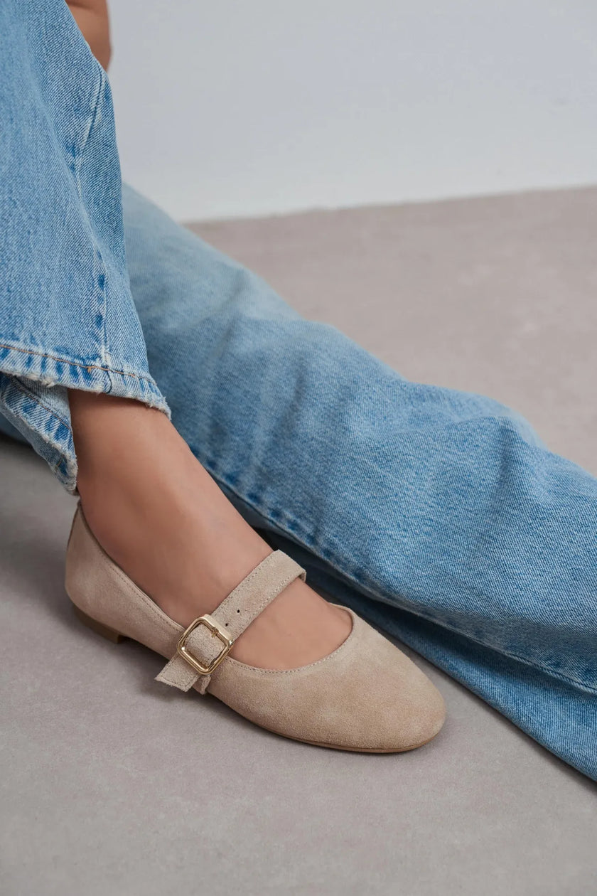BERLIN Beige Suede Genuine Leather Buckle Strap Women’s Ballerina Flats