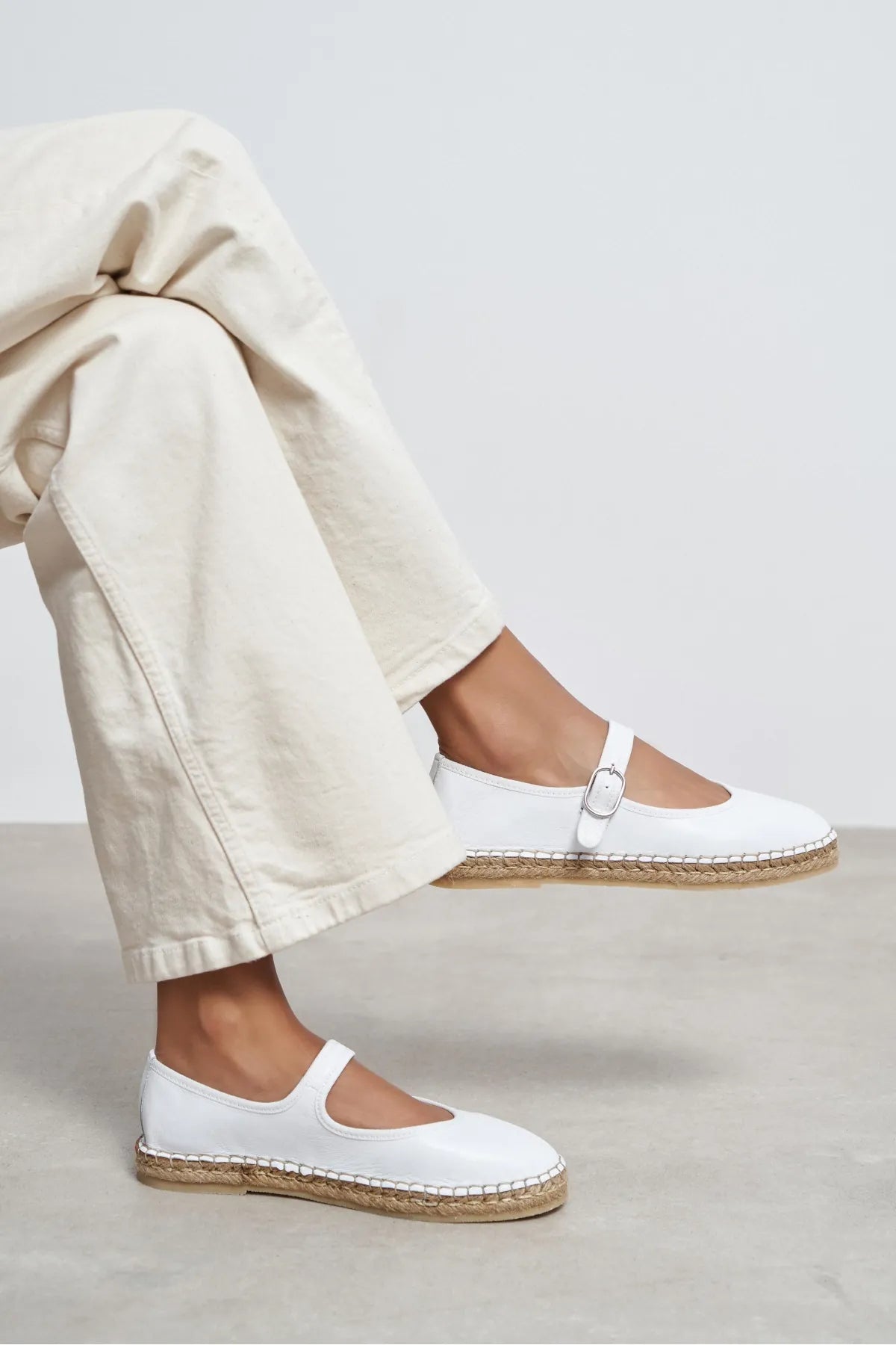 Cutis White Genuine Leather Espadrille Ballet Flats with Rope Sole Detail