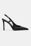 LADONIA Black Satin Buckle Detail Open Back Women’s Heels