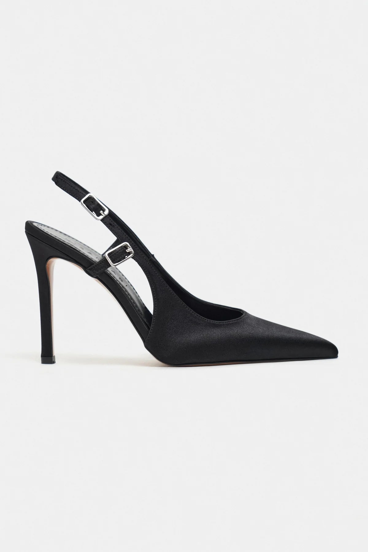 LADONIA Black Satin Buckle Detail Open Back Women’s Heels