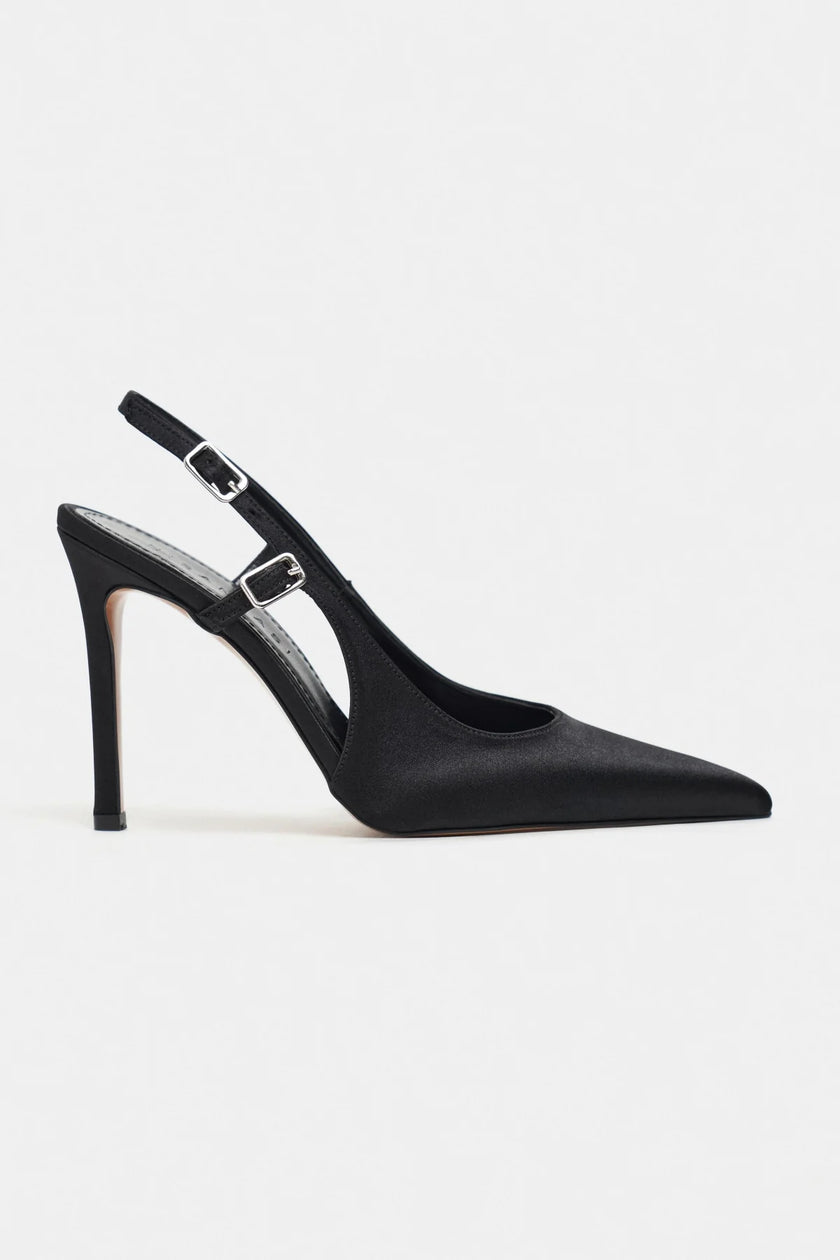 LADONIA Black Satin Buckle Detail Open Back Women’s Heels
