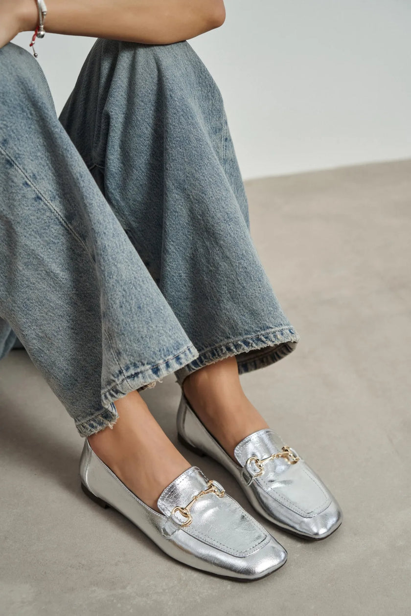 RORY Silver Patterned Buckle Detail Women’s Loafer Shoes