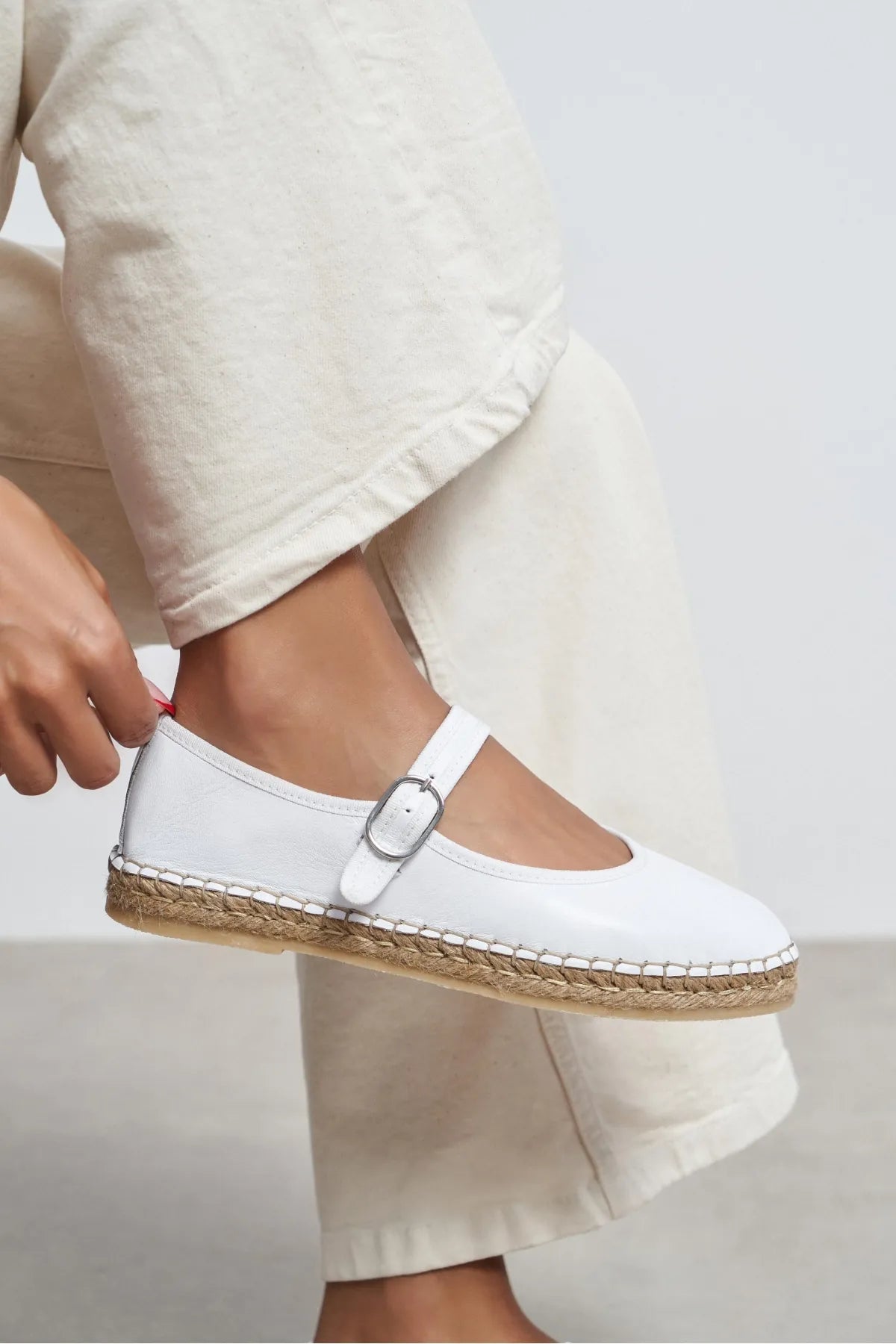 Cutis White Genuine Leather Espadrille Ballet Flats with Rope Sole Detail