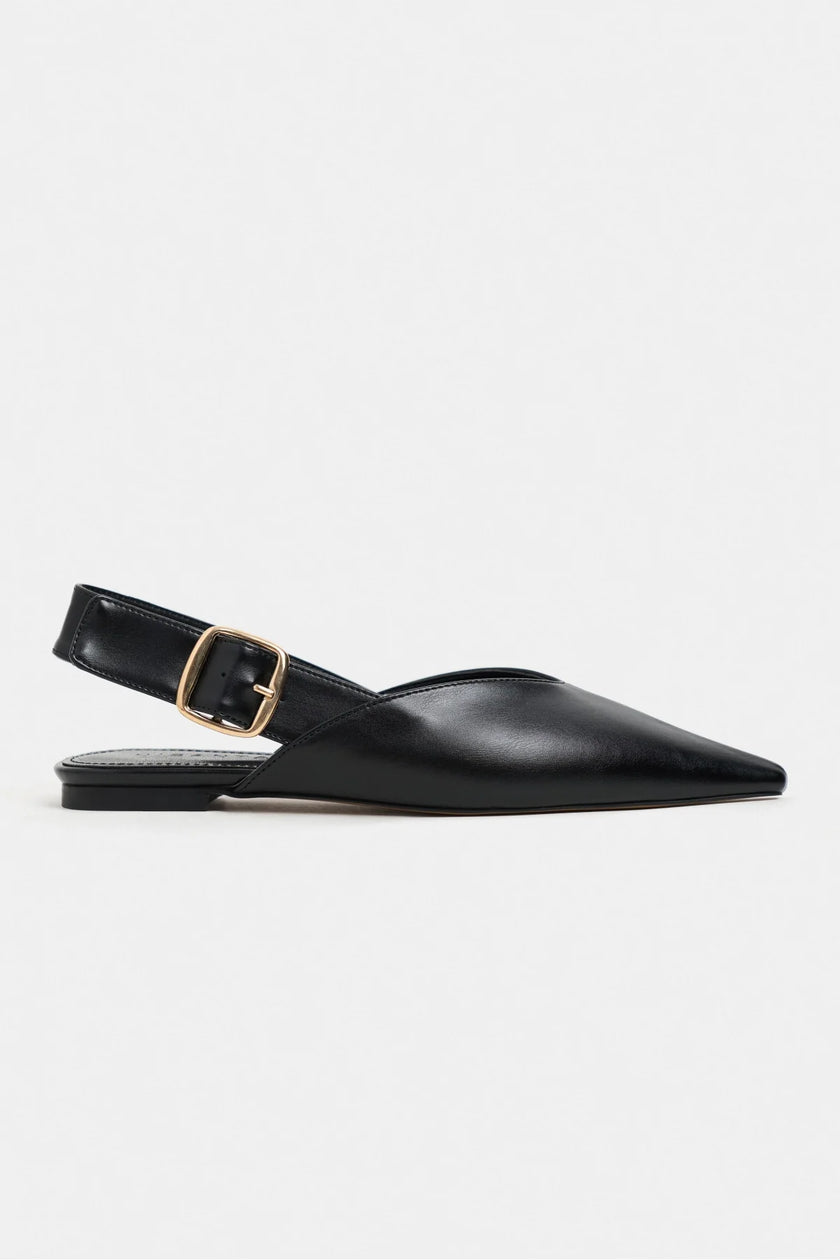 BENETO Black Matte Pointed Toe Belt Detail Women’s Ballet Flats