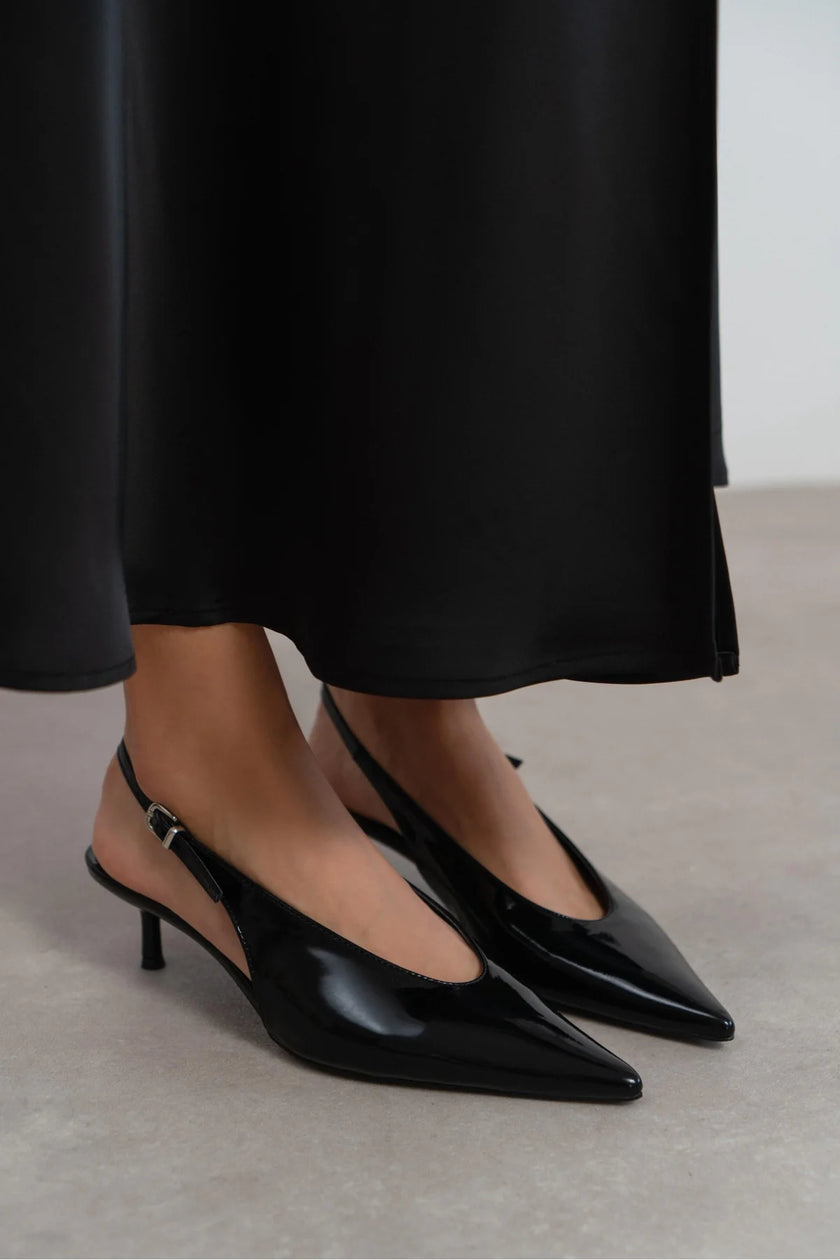 DOREY Black Patent Leather Ankle Buckle Detail Women’s Heel Shoes