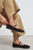 Jade Dark Brown Suede Genuine Leather Double-Buckle Flat Women's Ballet Flats