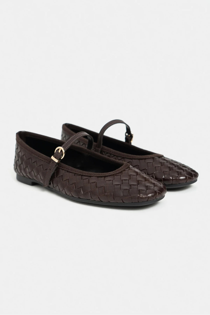 JEREMI Coffee Matte Pattern Buckle Detail Women’s Ballet Flats