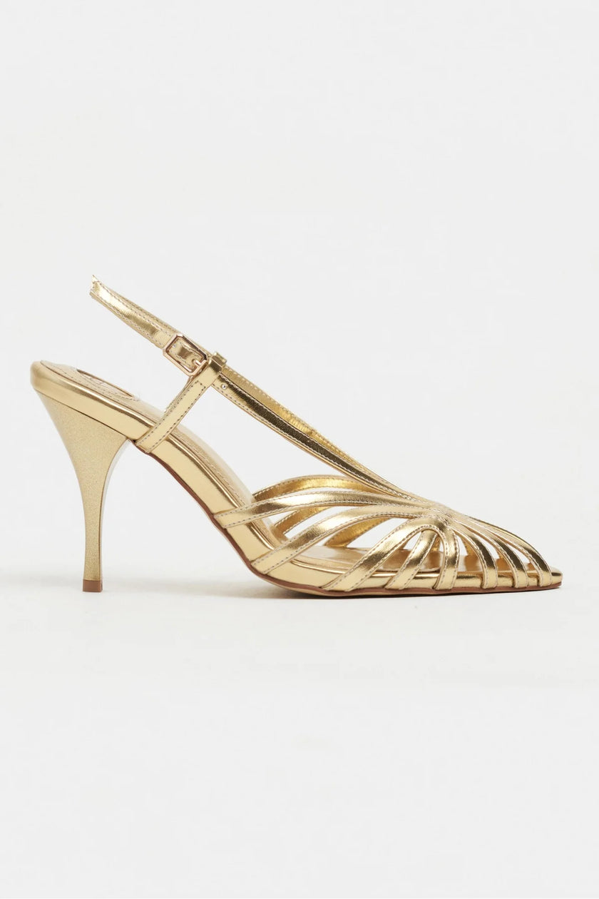 ERYU Gold Metallic Peep Toe Cage Detail Women’s Heeled Shoes