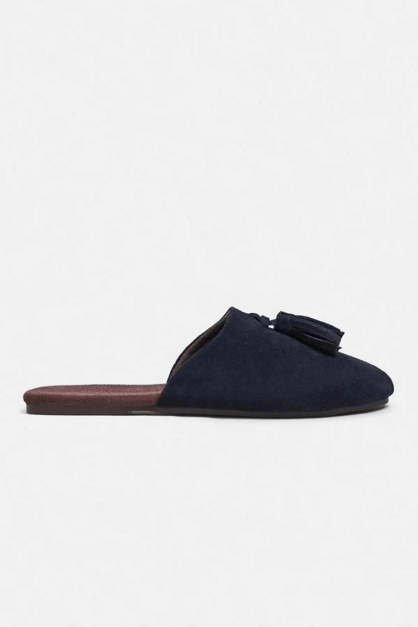 NELLA NAVY BLUE GENUINE SUEDE LEATHER TASSEL DETAIL WOMEN’S FLAT SLIPPERS