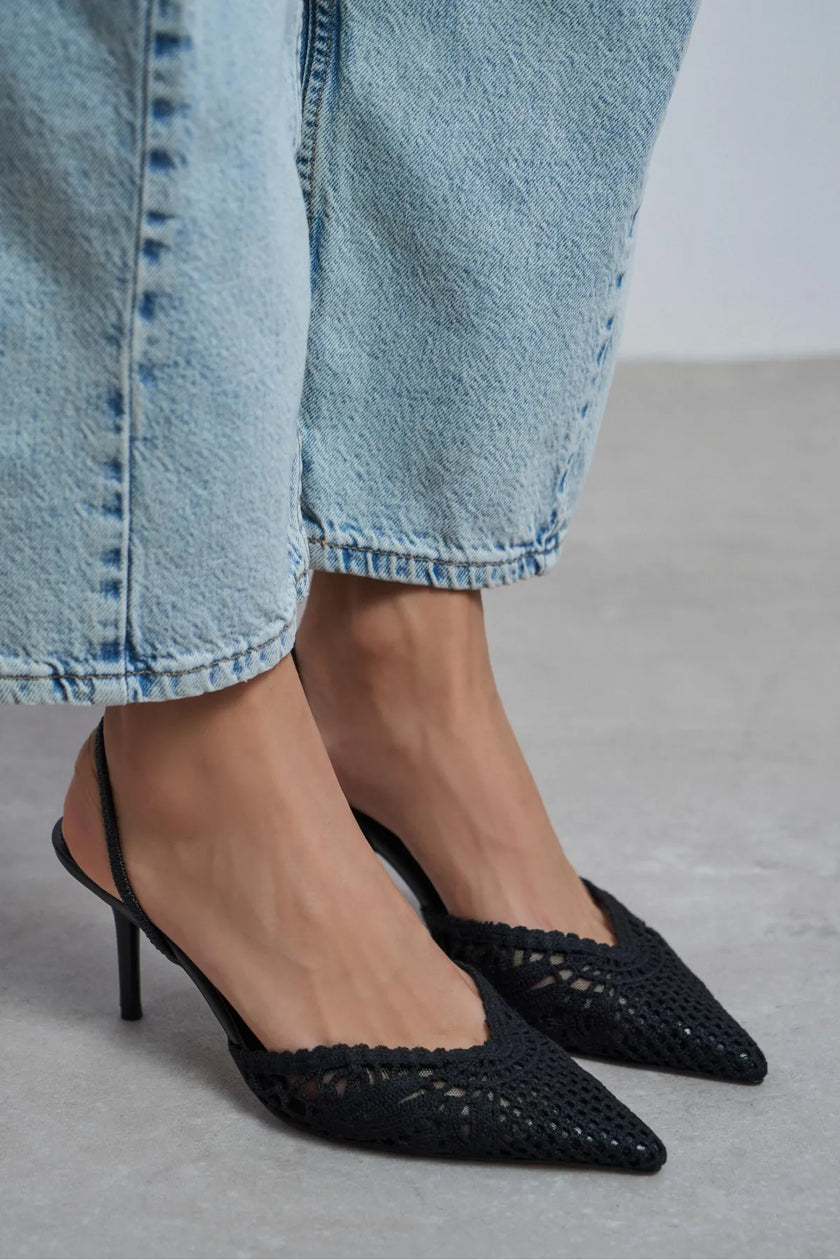 NORELY Black Knit Mesh Embroidered Slingback Women’s Heels