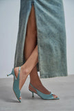 SALVA Turquoise Satin Pointed Toe Open Front Women’s Heels
