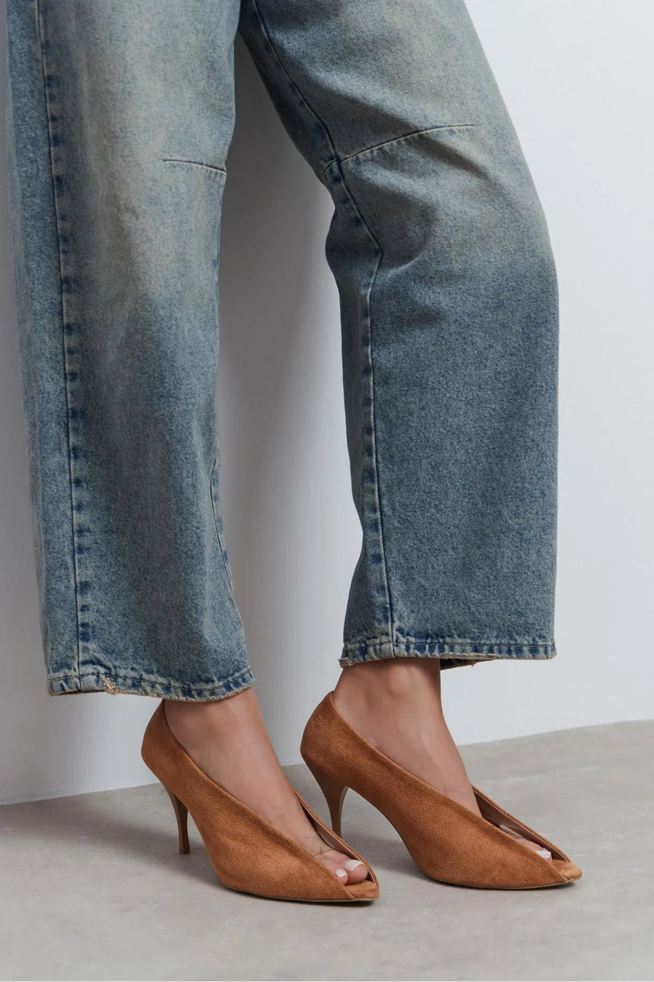 PO Tan Suede Pointed Toe Women’s Heels with Transparent Detail