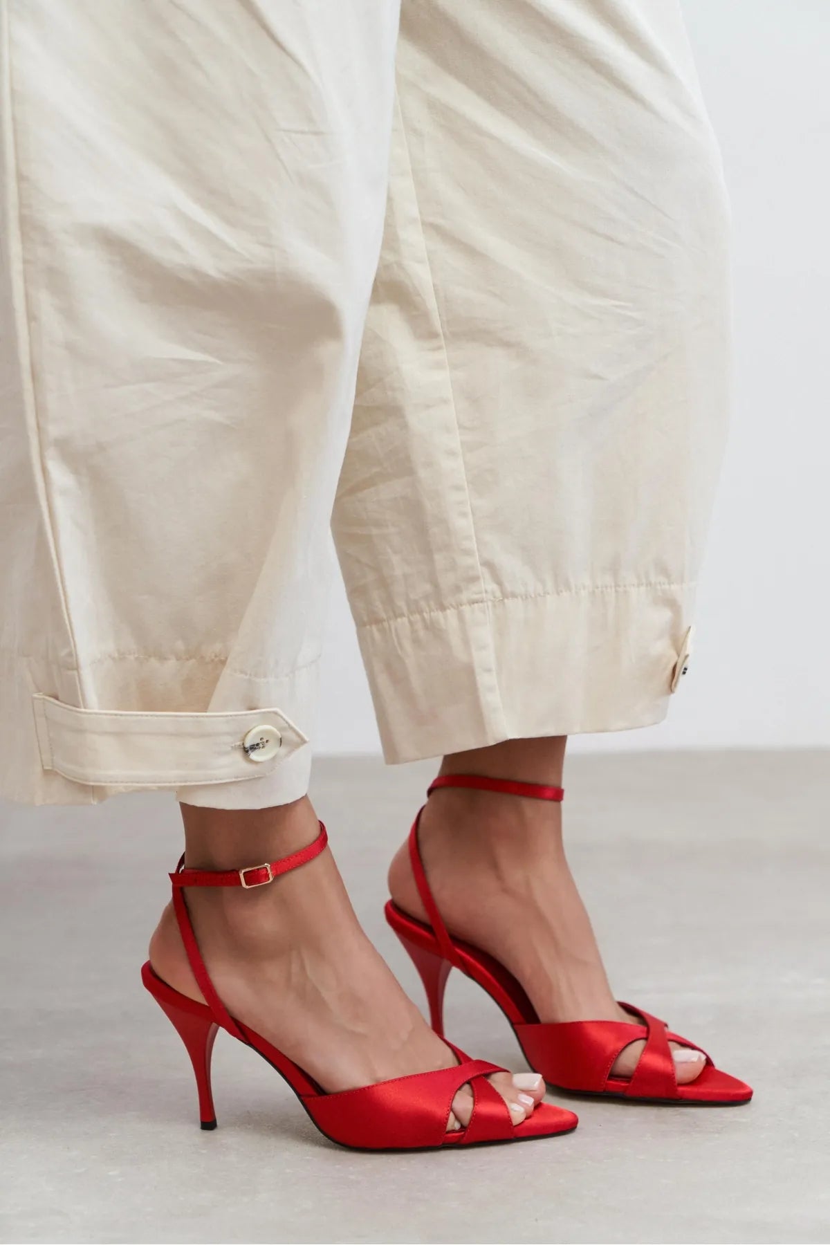 MONICA Red Satin Ankle Strap Detail Women’s Stiletto Heels