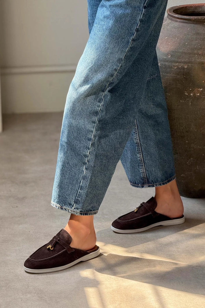 Most Brown Suede Genuine Leather Tassel Detail Flat Sole Women's Slippers