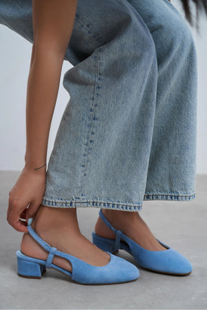 S-HARMONY Baby Blue Suede Square Toe Buckle Detail Low Heel Women’s Ballet Flats