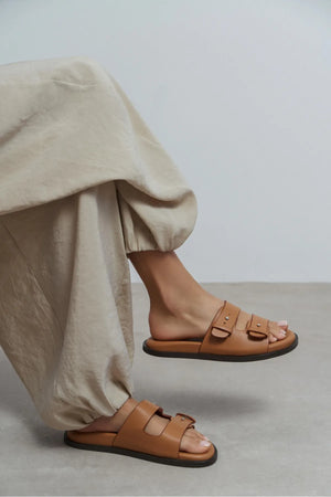 CUTE Light Tan Rustic Double Strap Flat Sole Women’s Slippers