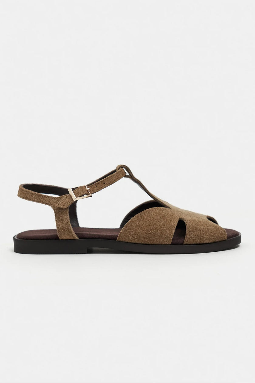 DESSAS ROME BEIGE SUEDE GENUINE LEATHER BUCKLE DETAIL WOMEN’S FLAT OPEN-TOE SANDALS