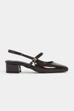 TEDY Coffee Patent Square Toe Buckle Detail Slingback Women’s Low Heel Flats