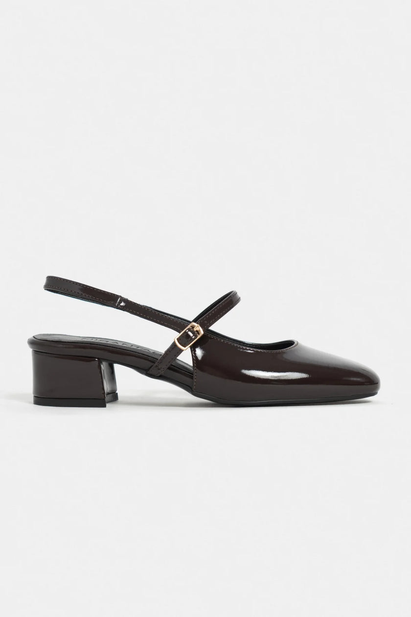 TEDY Coffee Patent Square Toe Buckle Detail Slingback Women’s Low Heel Flats
