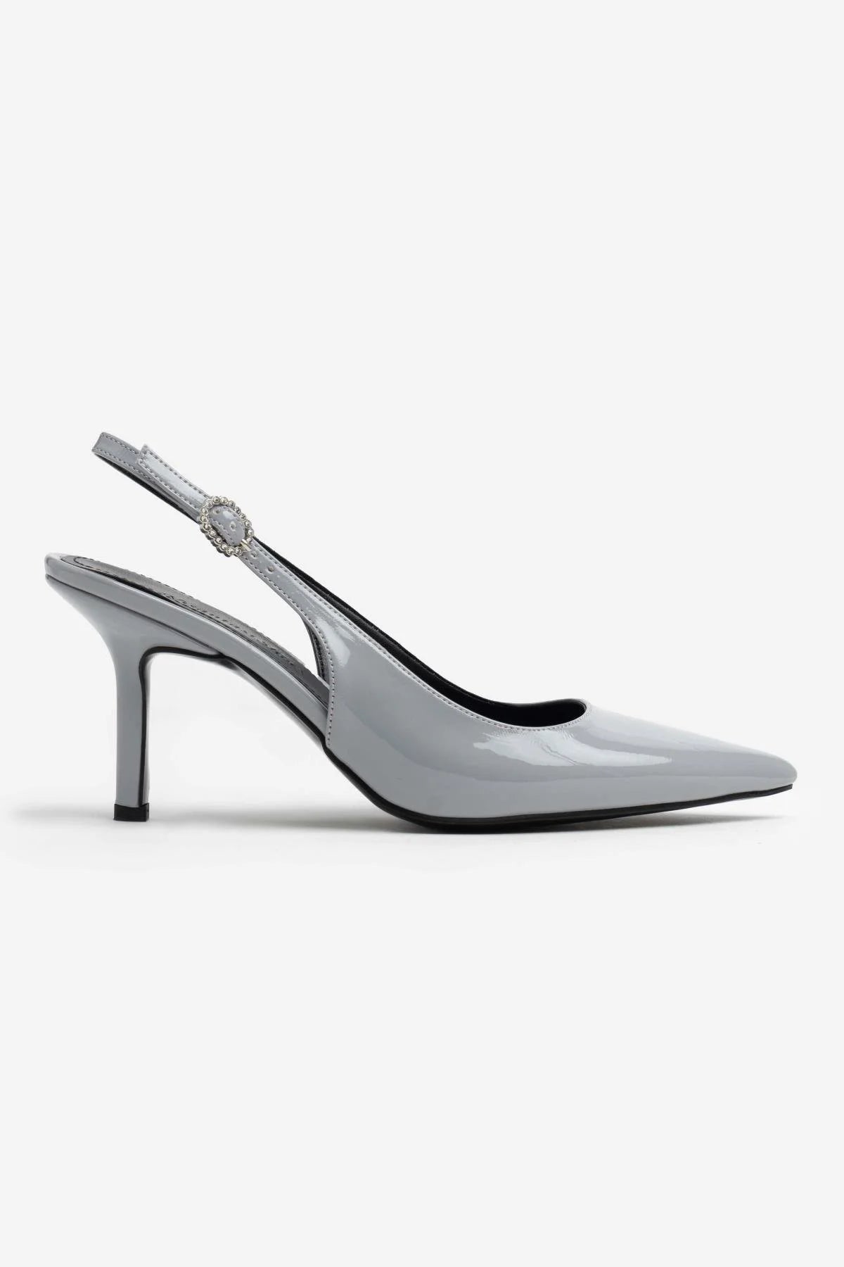 Mendy Gray Patent Leather Belt Detail Pointed Toe Women's High Heel Shoes