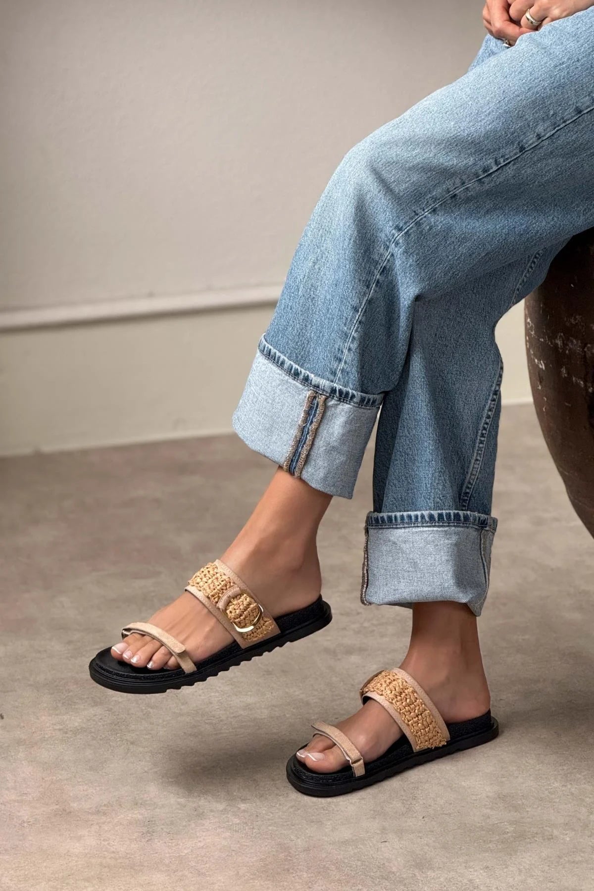 Joke Camel Suede Buckled Knit Detail Flat Sole Women's Slippers