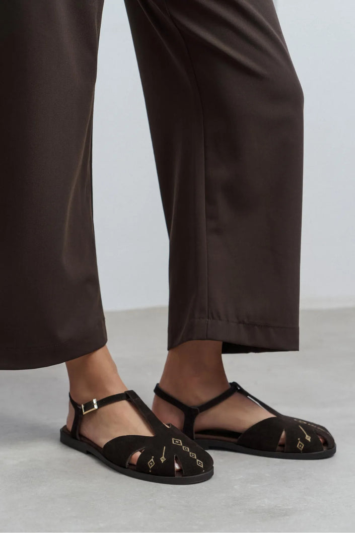 WOOD Bitter Brown Suede Leather Embroidered Flat Sole Women’s Sandals