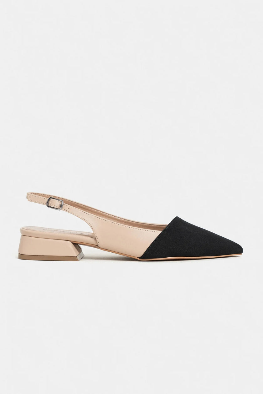 VIKTOR Nude Satin Black Detail Pointed Toe Ankle Strap Women’s Low Heel Ballet Shoes