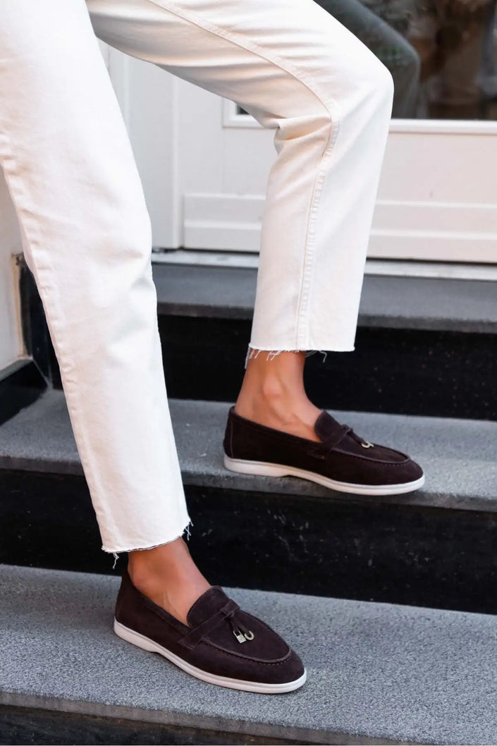 WARNER BROWN GENUINE LEATHER FRINGE-DETAILED FLAT SOLE WOMEN'S BALLERINA