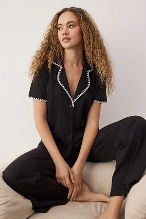 Karyoka Stitched Shirt Collar Knitted Pajama Set