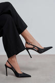 LADONIA Black Satin Buckle Detail Open Back Women’s Heels
