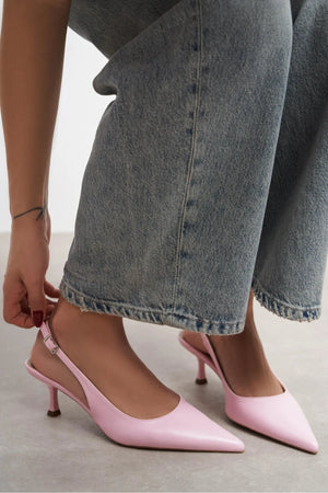 MEGY Pink Matte Backless Buckle Detail Pointed Toe Women’s Heeled Shoes