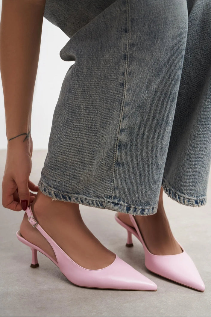 MEGY Pink Matte Backless Buckle Detail Pointed Toe Women’s Heeled Shoes