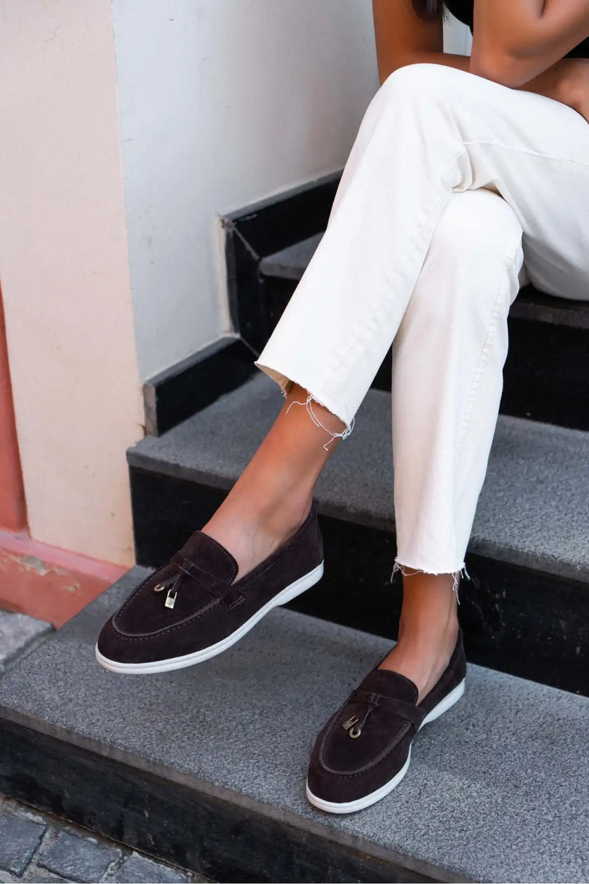 WARNER BROWN GENUINE LEATHER FRINGE-DETAILED FLAT SOLE WOMEN'S BALLERINA