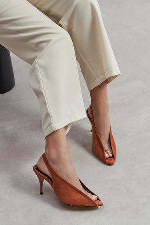 LALA Tan Suede Transparent Detail Pointed Toe Women’s Heels