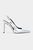 LADONIA Silver Patent Buckle Detail Open Back Women’s Heels