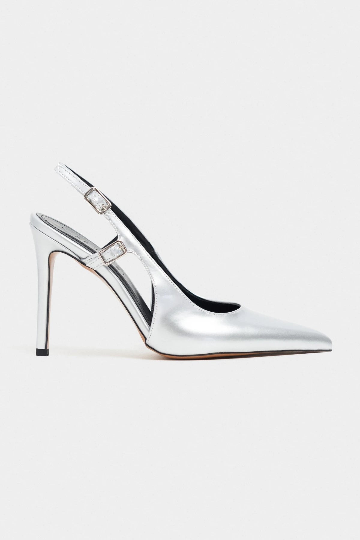 LADONIA Silver Patent Buckle Detail Open Back Women’s Heels