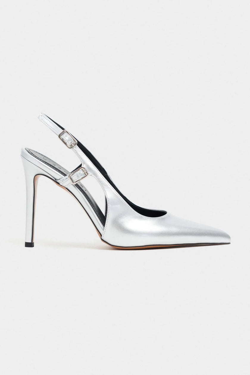 LADONIA Silver Patent Buckle Detail Open Back Women’s Heels