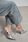 LADONIA Silver Patent Buckle Detail Open Back Women’s Heels