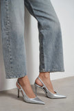 LADONIA Silver Patent Buckle Detail Open Back Women’s Heels
