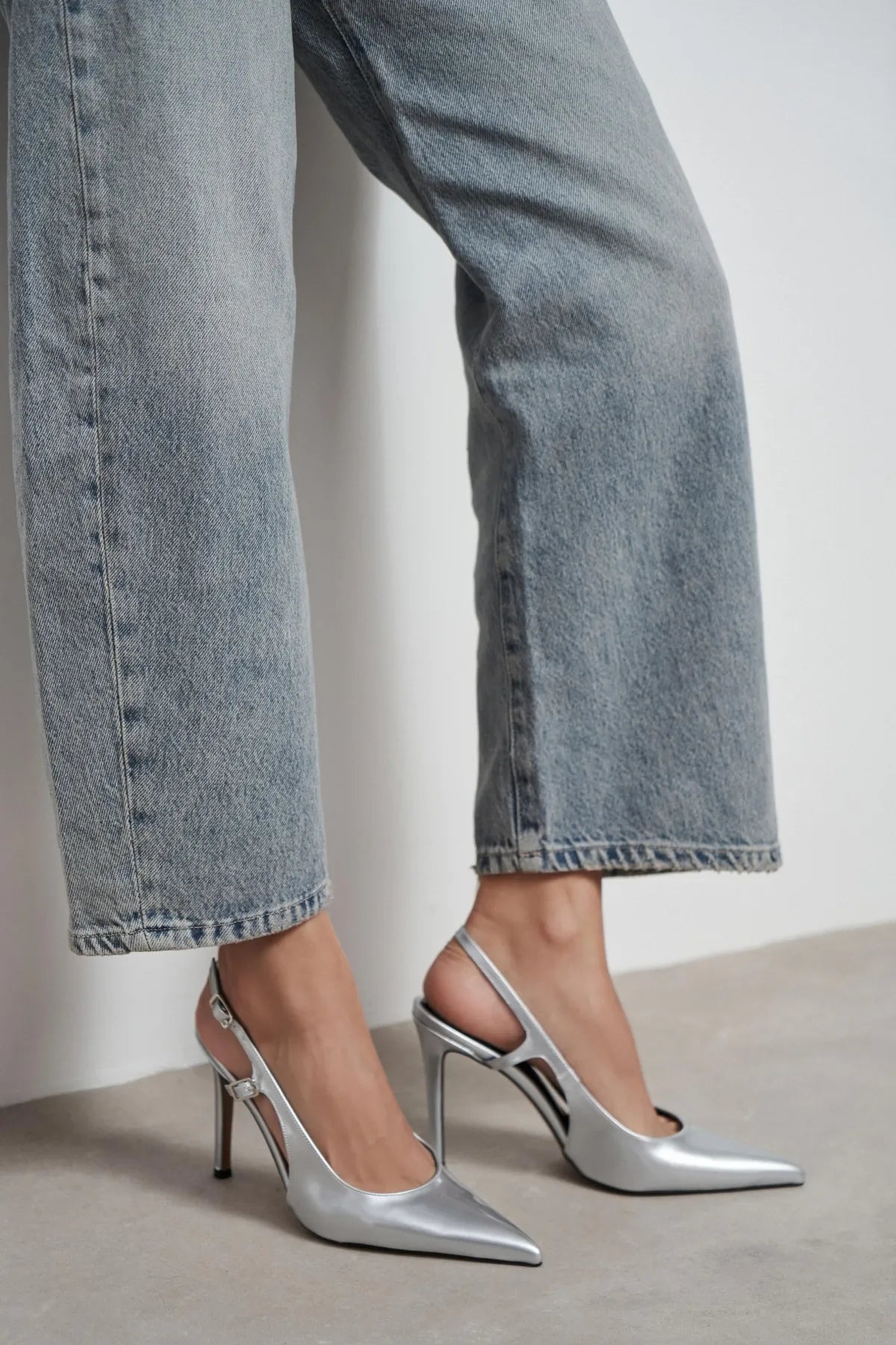 LADONIA Silver Patent Buckle Detail Open Back Women’s Heels