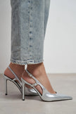 LADONIA Silver Patent Buckle Detail Open Back Women’s Heels