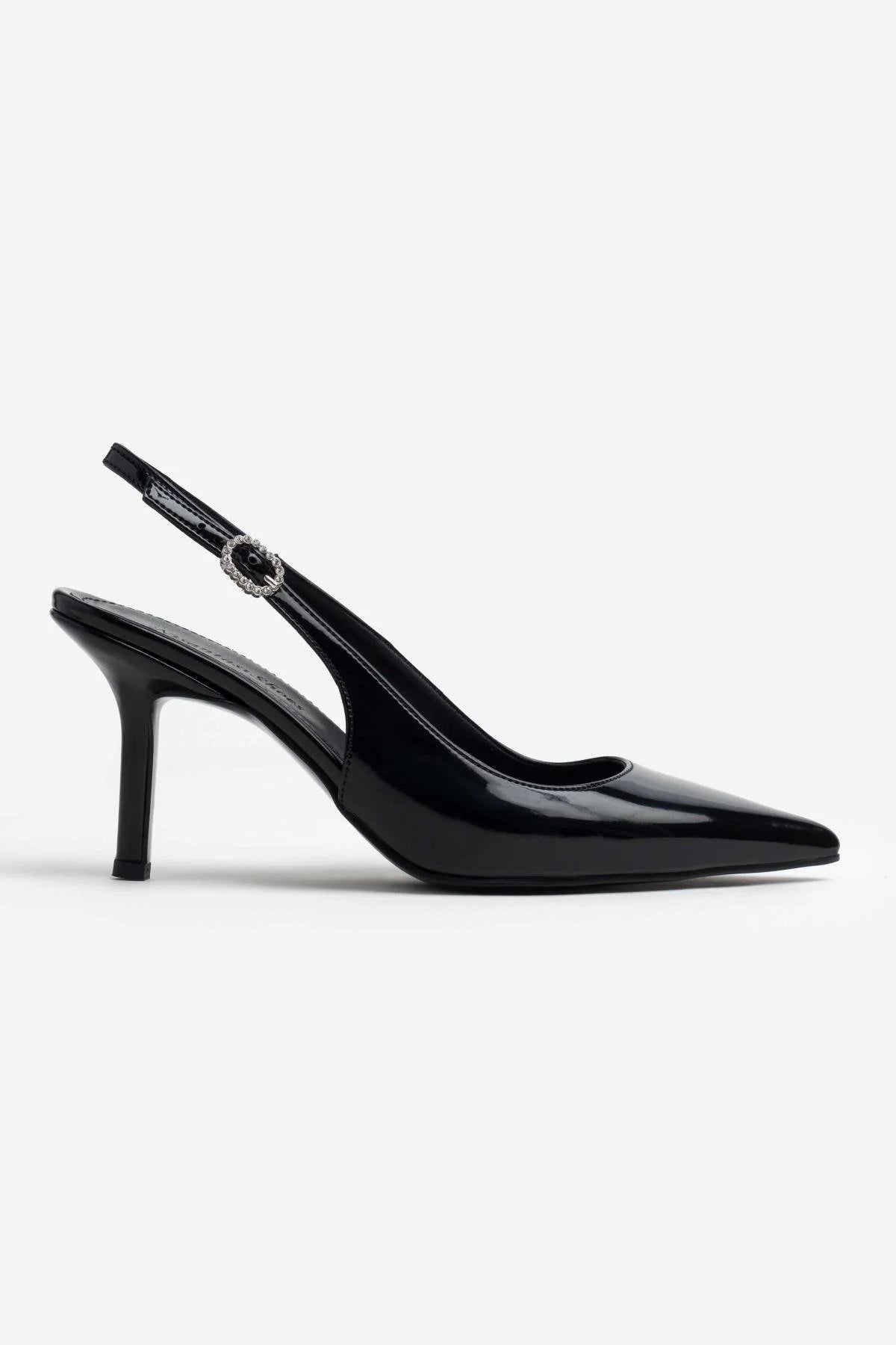 Mendy Black Patent Leather Belt Detail Pointed Toe Women's High Heel Shoes