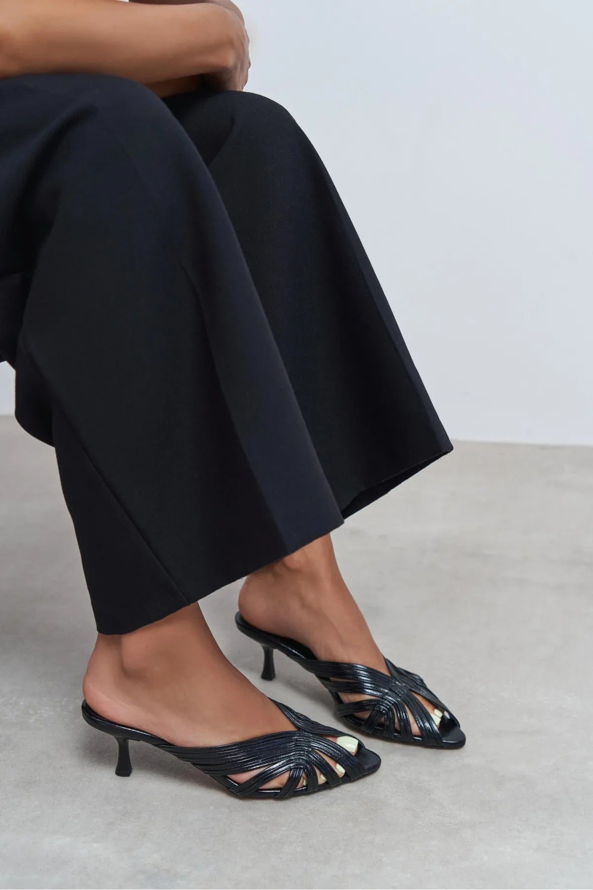 ROSIE Black Metallic Open-Toe Cage Detail Women's Heeled Slippers